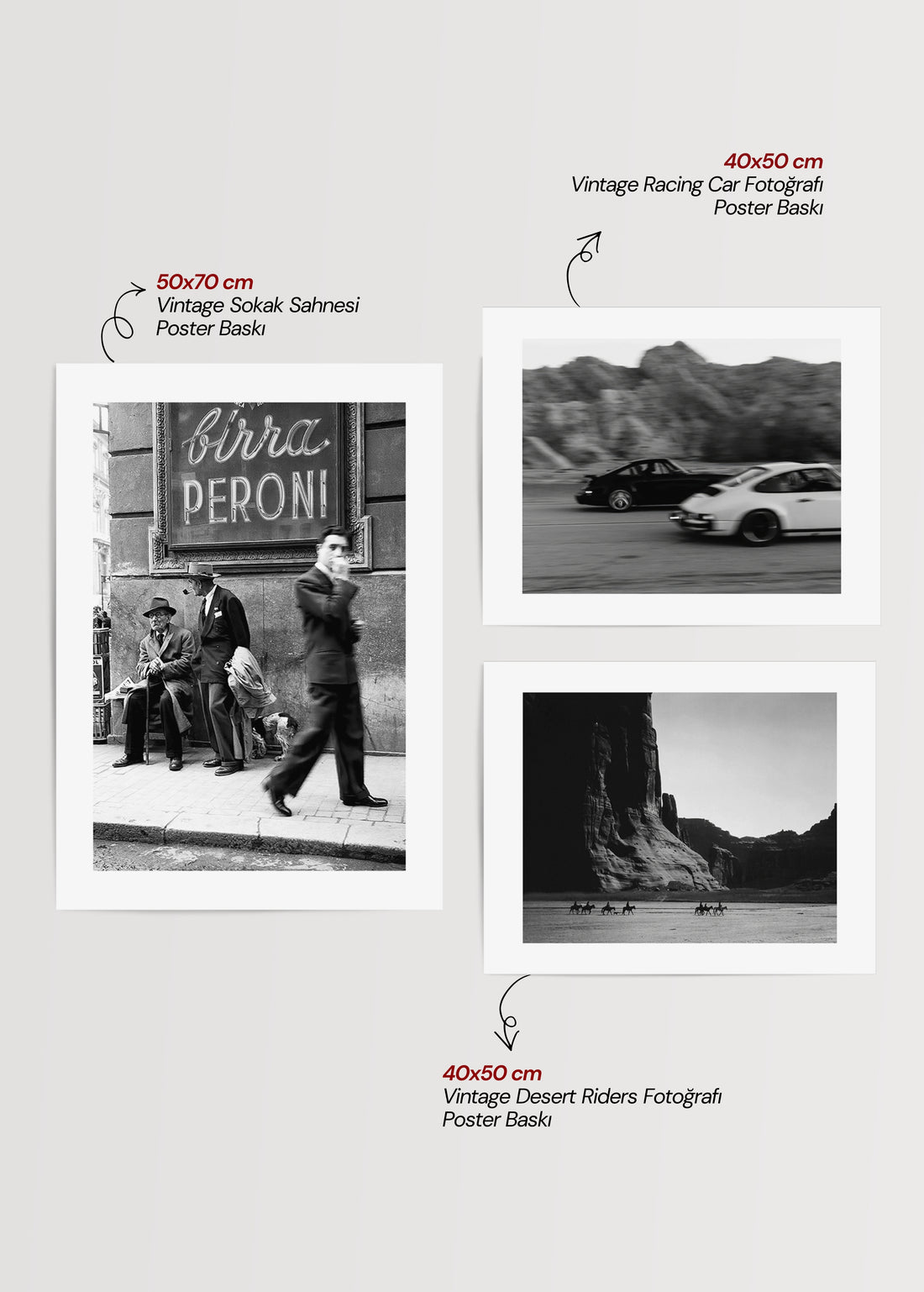 Vintage sokak, yarış arabası ve çöl temalı siyah beyaz galeri duvarı poster seti