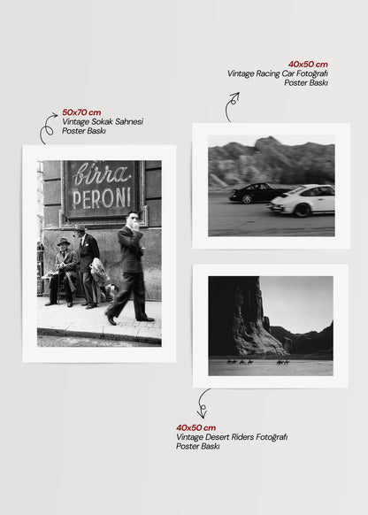 Vintage sokak, yarış arabası ve çöl temalı siyah beyaz galeri duvarı poster seti