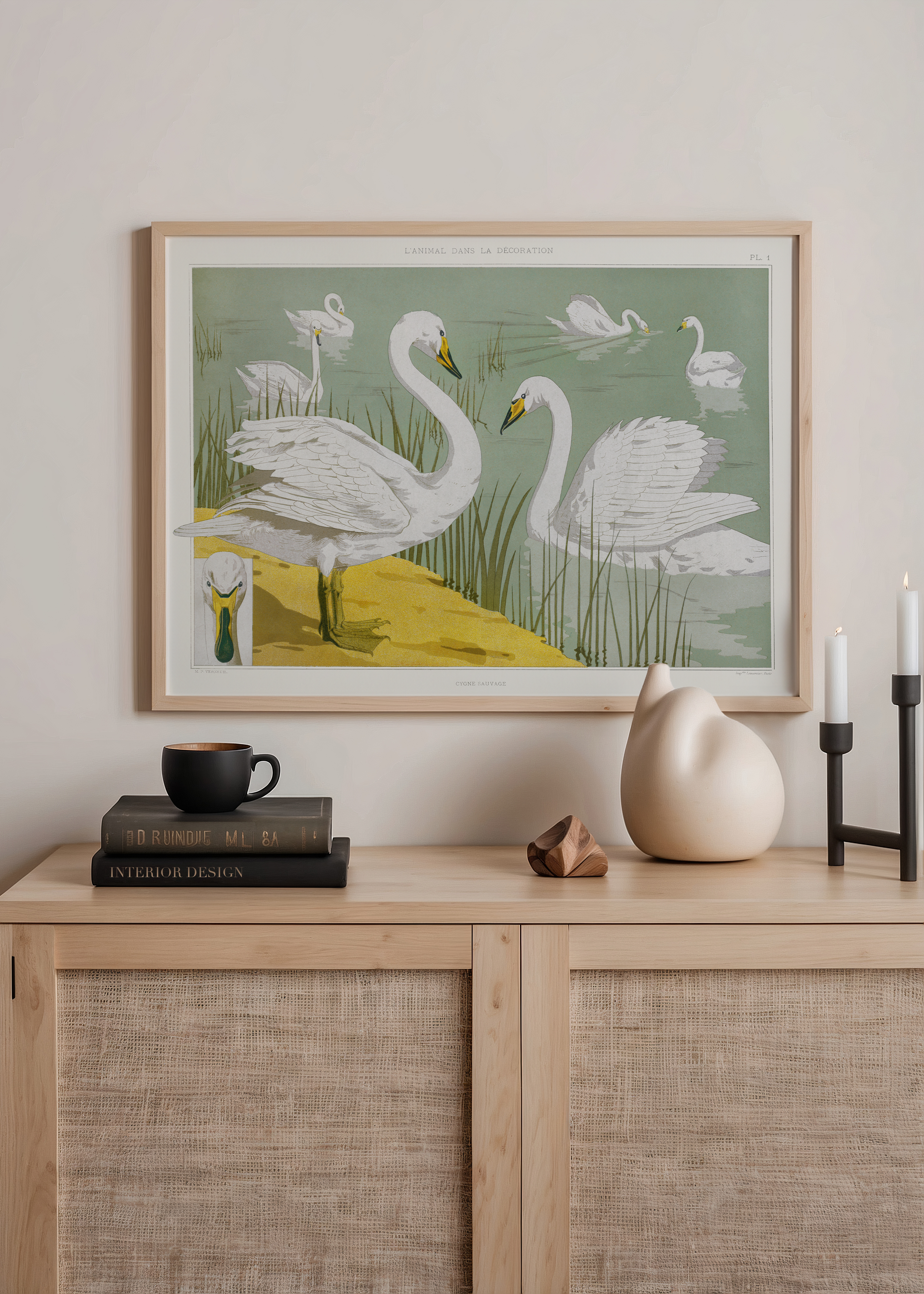 Adaçayı yeşili su üzerinde beyaz kuğuların yer aldığı Vintage Swan Illustration kuğu poster
