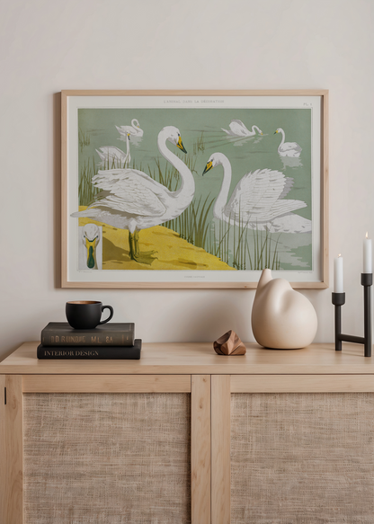 Adaçayı yeşili su üzerinde beyaz kuğuların yer aldığı Vintage Swan Illustration kuğu poster