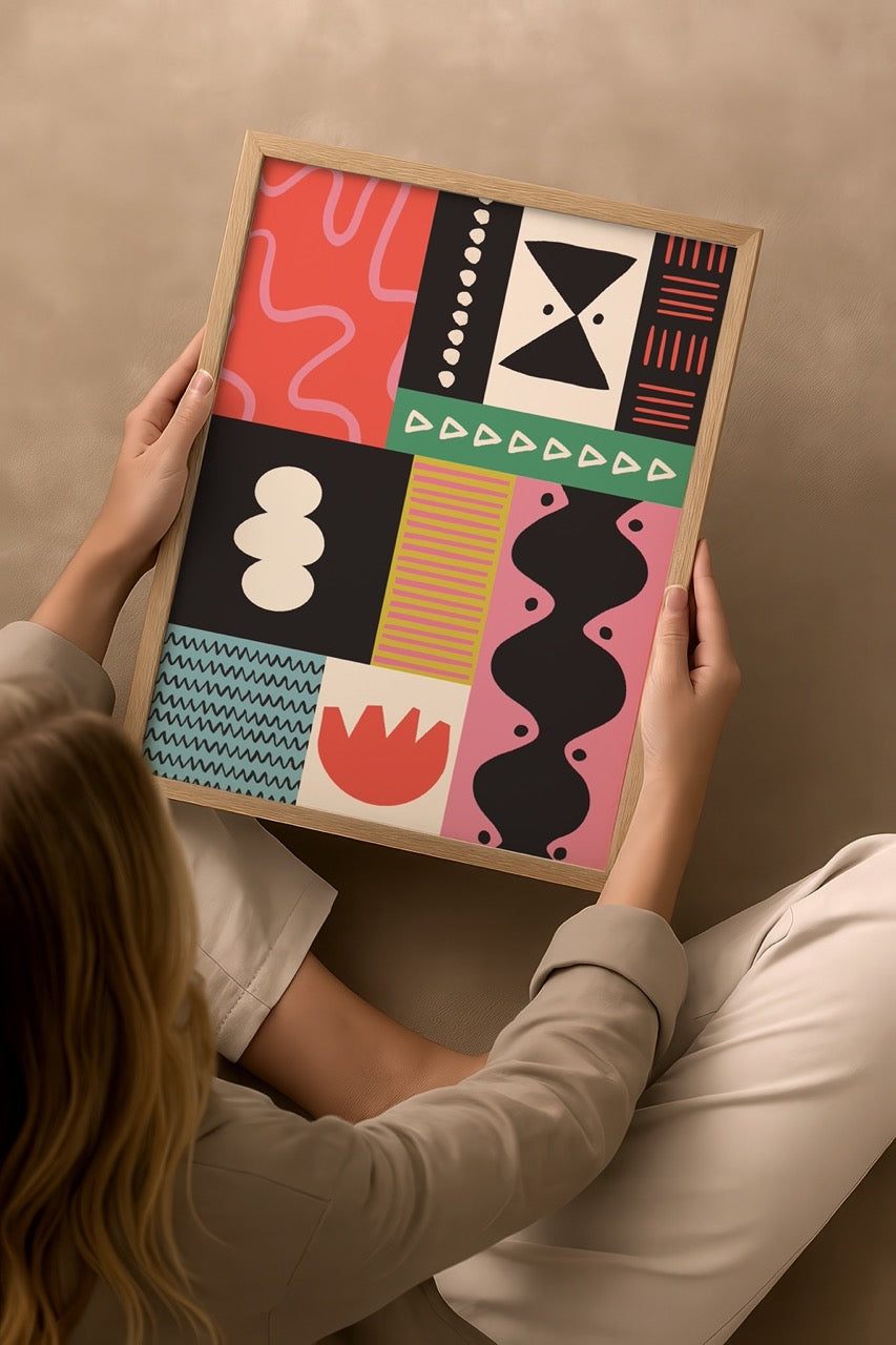 Nergis Sabancı’nın Vivid Blocks 2 posteri; renkli geometrik ve organik bloklardan oluşan modern grafik desenli çağdaş sanat baskısı.