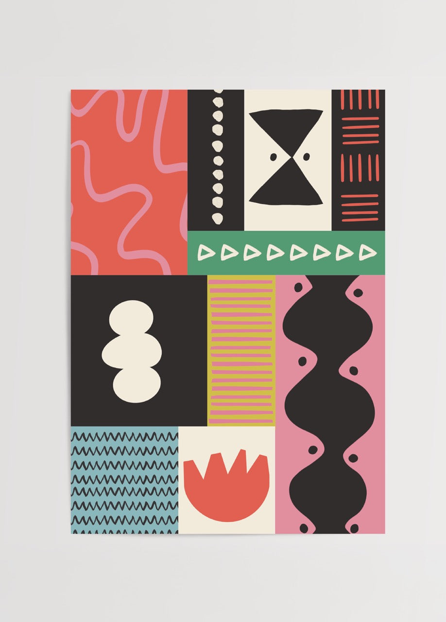 Nergis Sabancı’nın Vivid Blocks 2 posteri; renkli geometrik ve organik bloklardan oluşan modern grafik desenli çağdaş sanat baskısı.