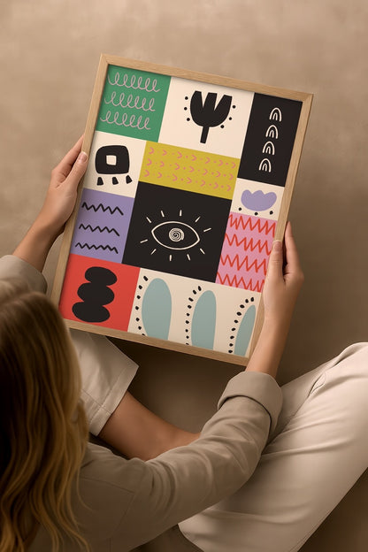 Nergis Sabancı’nın Vivid Blocks posteri; renkli bloklar, soyut semboller ve modern grafik desenlerden oluşan enerjik çağdaş sanat baskısı.