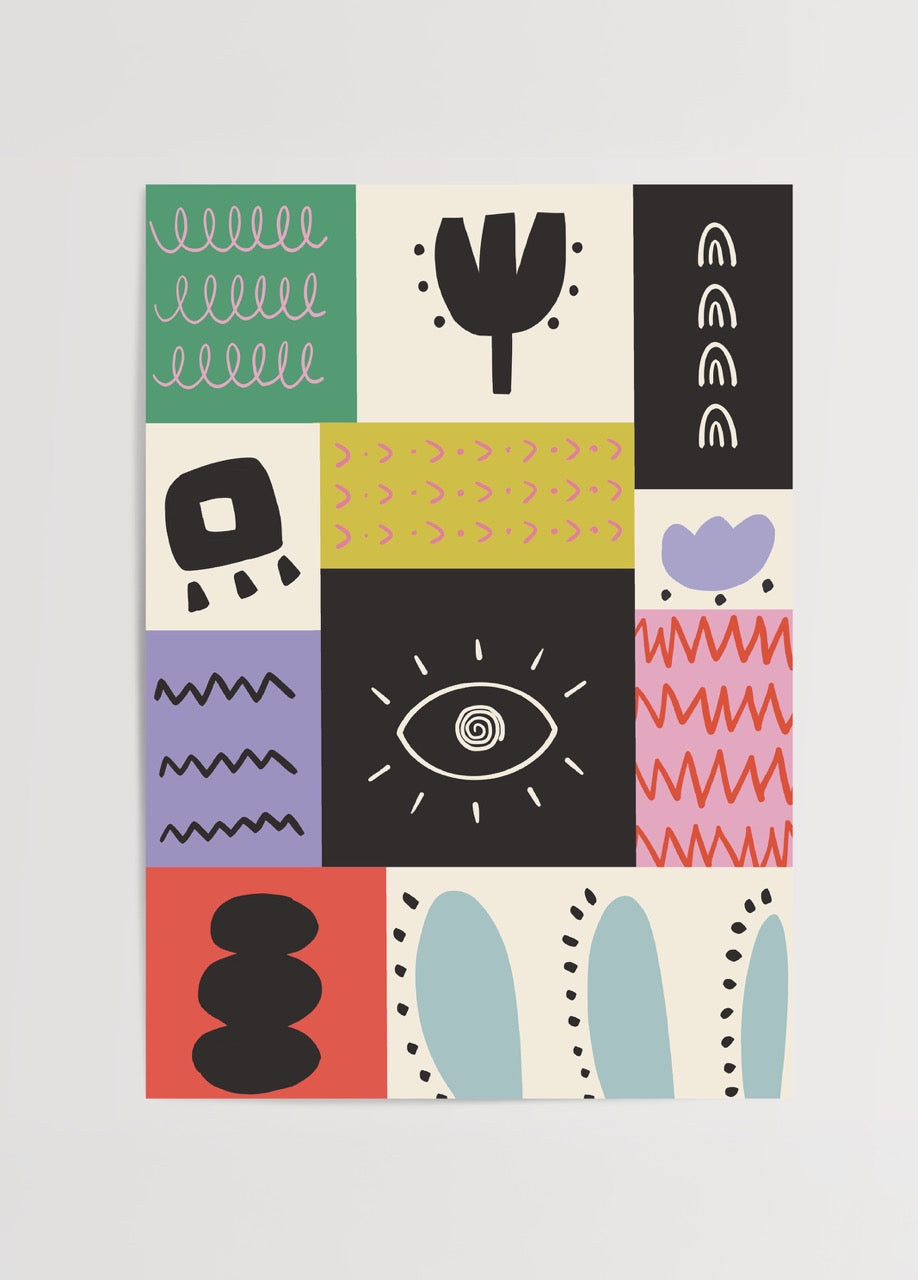 Nergis Sabancı’nın Vivid Blocks posteri; renkli bloklar, soyut semboller ve modern grafik desenlerden oluşan enerjik çağdaş sanat baskısı.