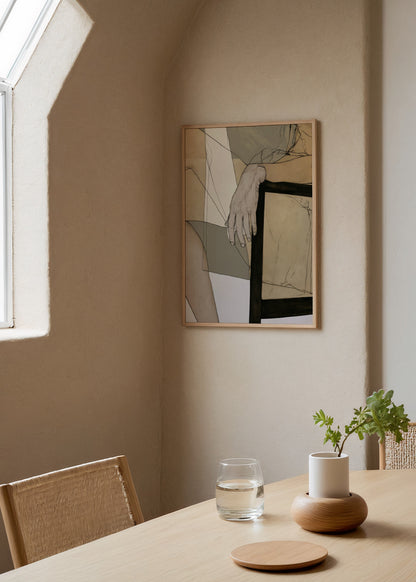 Waiting I bej gri ve siyah tonlarda el ve sandalye detaylı figüratif sanat posteri