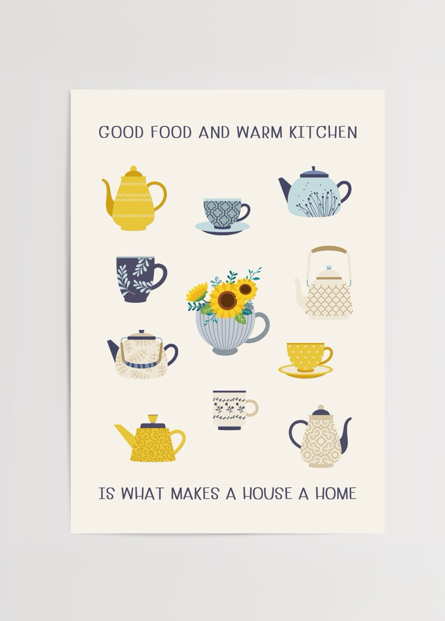 Çaydanlık, kupa ve çiçek illüstrasyonları ile mutfak temalı, tipografik mesaj içeren Warm Kitchen Teapot modern duvar posteri.