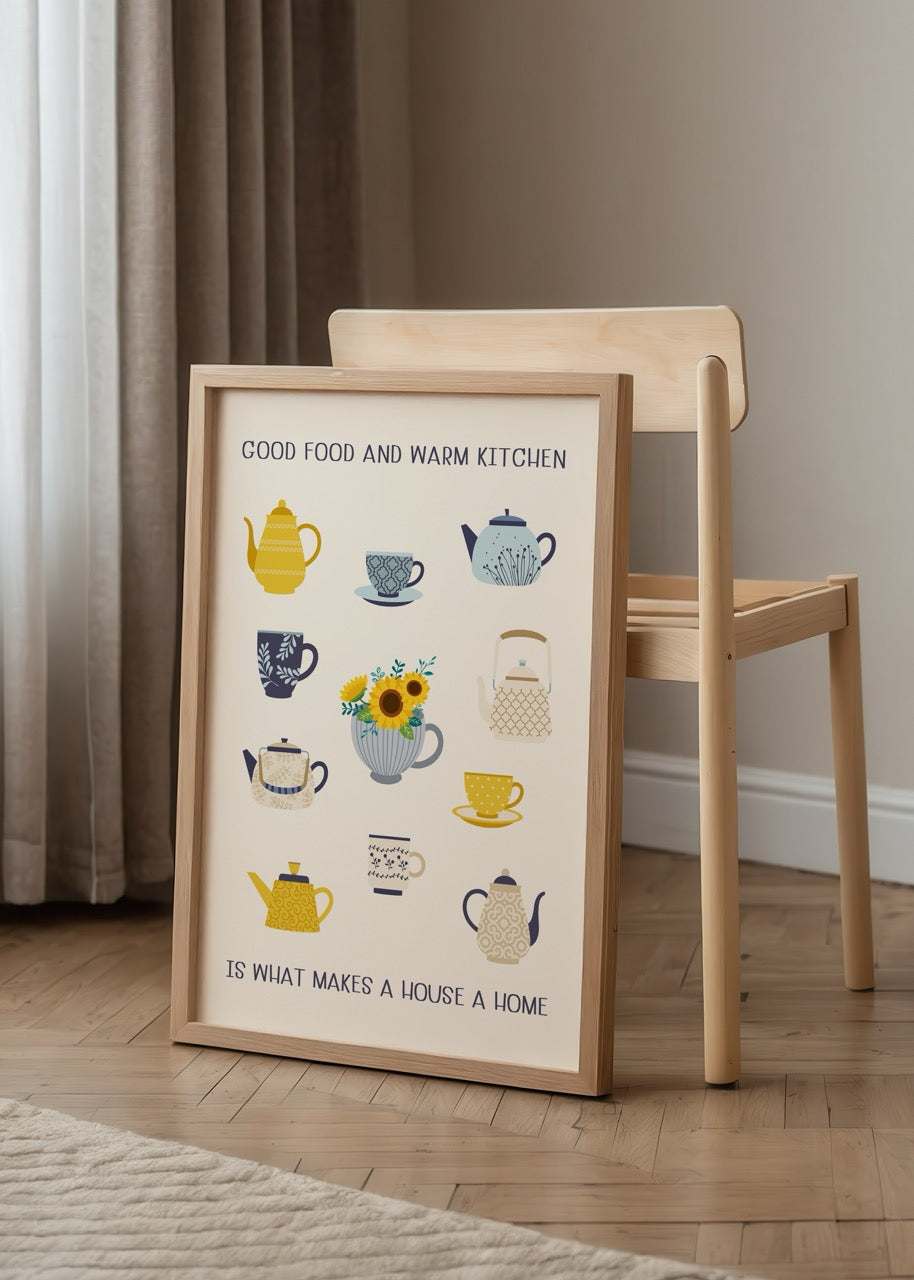 Çaydanlık, kupa ve çiçek illüstrasyonları ile mutfak temalı, tipografik mesaj içeren Warm Kitchen Teapot modern duvar posteri.
