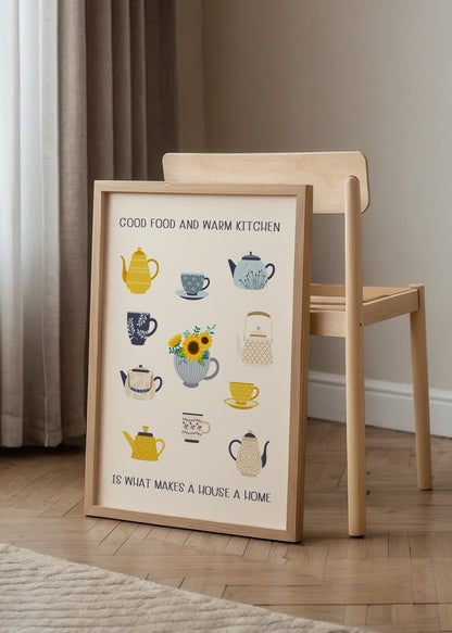 Çaydanlık, kupa ve çiçek illüstrasyonları ile mutfak temalı, tipografik mesaj içeren Warm Kitchen Teapot modern duvar posteri.