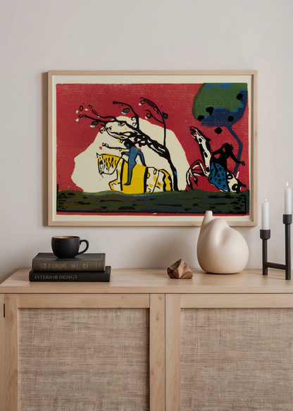Wassily Kandinsky Two Riders kırmızı, mavi ve sarı tonlarda iki atlı binici figürlü sanat posteri