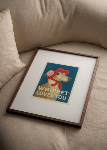 Nida Büyük imzalı Whippet posteri, kırmızı bereli whippet köpeği illüstrasyonu ve “Whippet Loves You” yazılı sevimli sanat baskısı.