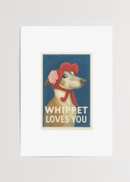 Nida Büyük imzalı Whippet posteri, kırmızı bereli whippet köpeği illüstrasyonu ve “Whippet Loves You” yazılı sevimli sanat baskısı.