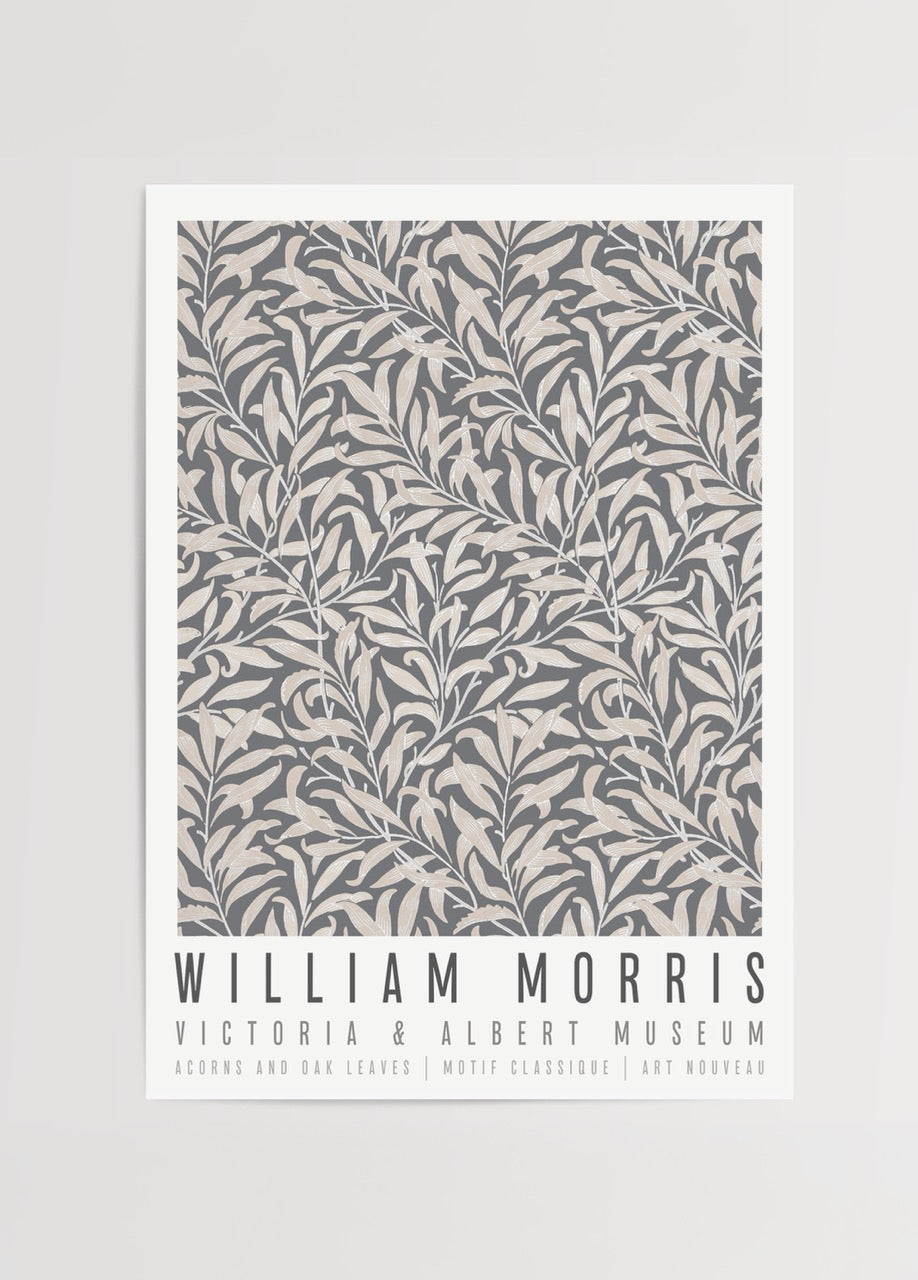 William Morris Acorns and Oak Leaves gri tonlarında meşe yapraklı poster baskısı
