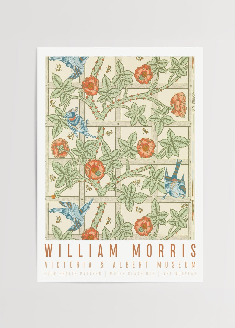 William Morris Birds &amp; Trellis posteri, kuşlar ve çiçek desenli vintage baskı