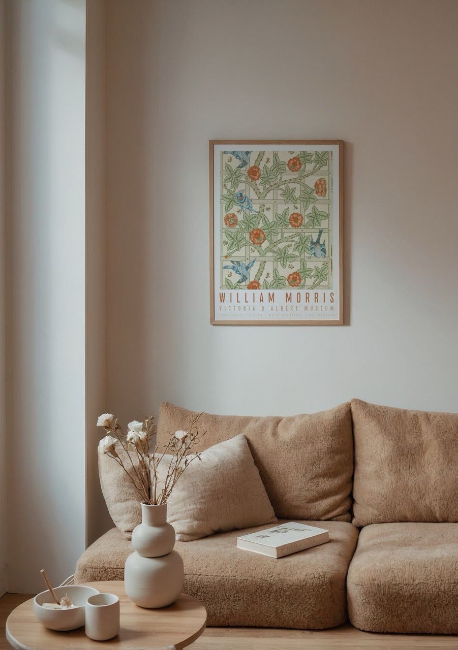 William Morris Birds &amp; Trellis posteri, kuşlar ve çiçek desenli vintage baskı
