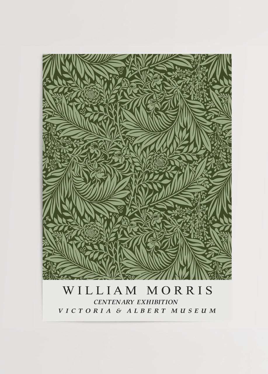 Yeşil bitki desenli William Morris sergi posteri – Victoria &amp; Albert Müzesi.