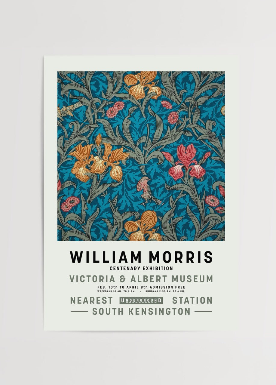 William Morris botanik desenli poster baskı, çiçek motifleriyle dekoratif duvar sanatı.