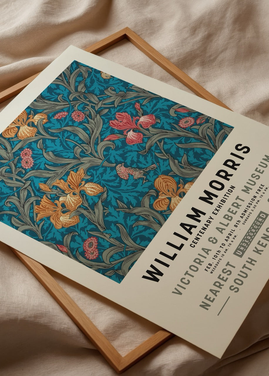 William Morris botanik desenli poster baskı, çiçek motifleriyle dekoratif duvar sanatı.