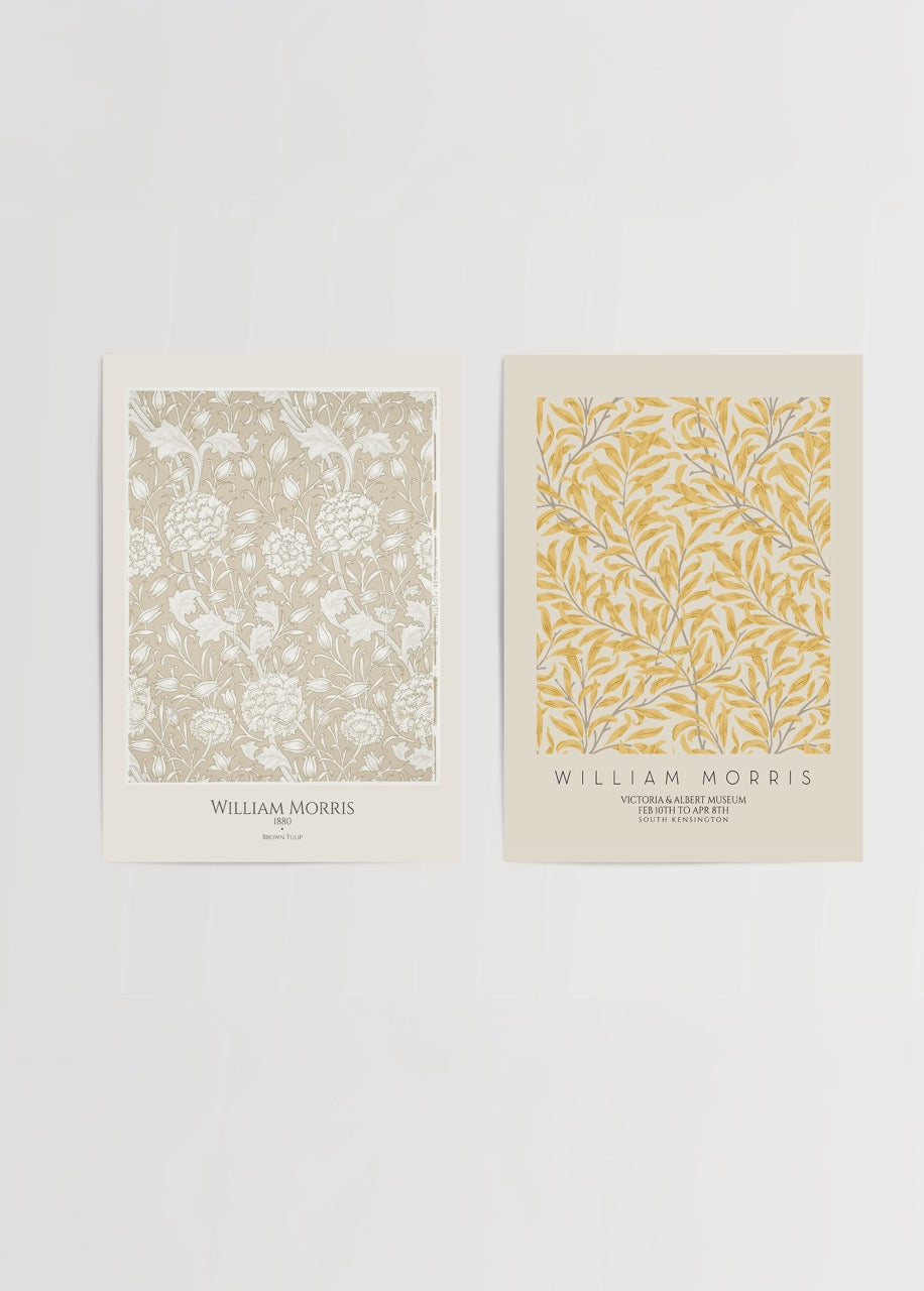 William Morris Brown Tulip &amp; Floral Pattern ikili poster seti – klasik dekoratif çiçek desenli posterler