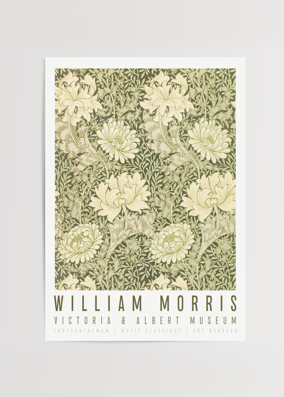 William Morris Chrysanthemum yeşil çiçek desenli vintage poster