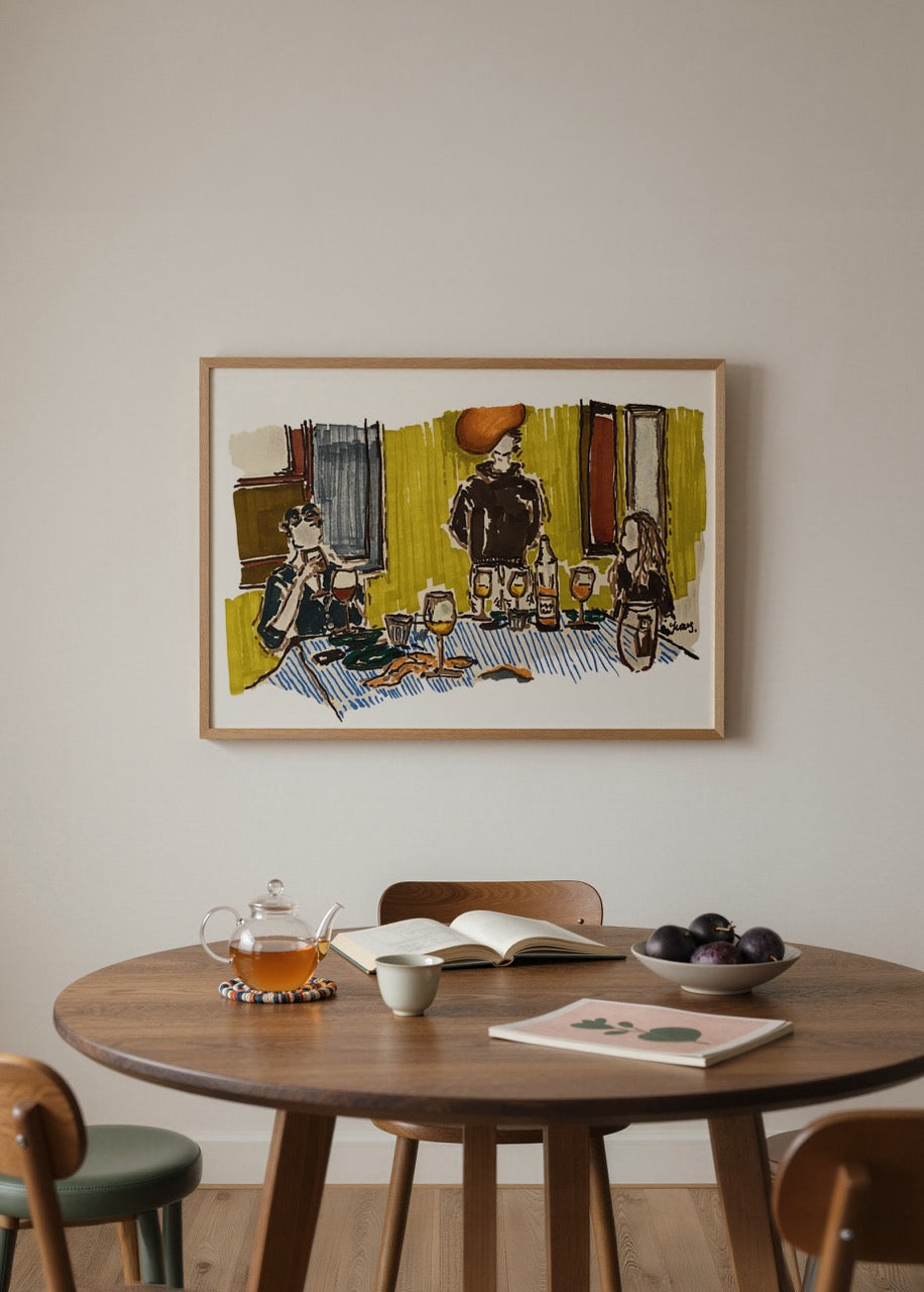 Şarap masasında arkadaş buluşmasını anlatan modern illüstrasyon poster baskı