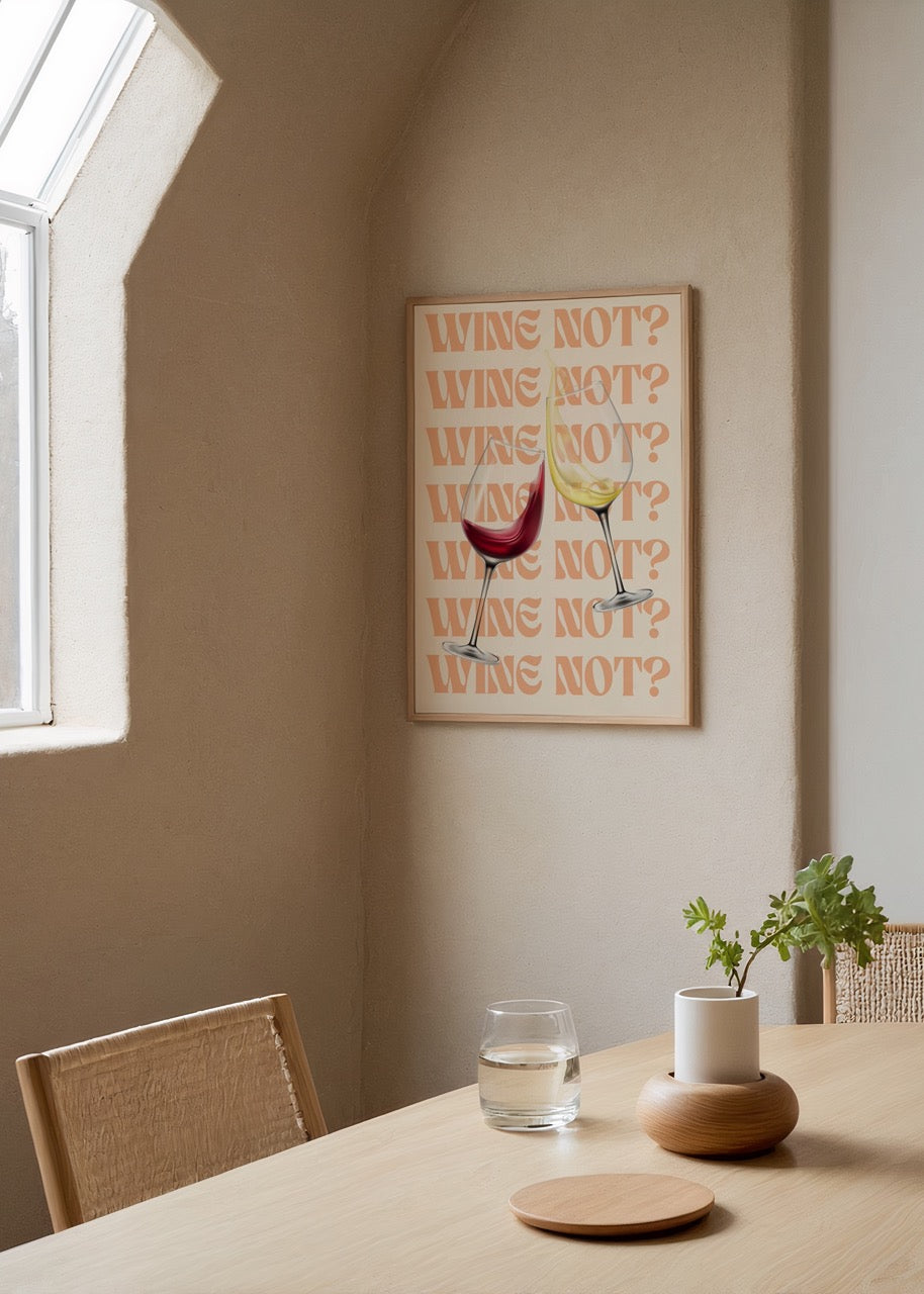 “Wine Not?” yazısı önünde kırmızı ve beyaz şarap kadehlerinin illüstrasyonu