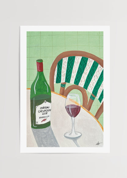 Elif Işık imzalı Wine O’Clock Green posteri, yeşil tonlarda bir şarap şişesi ve kadehiyle sıcak Akdeniz atmosferini yansıtan illüstrasyon.