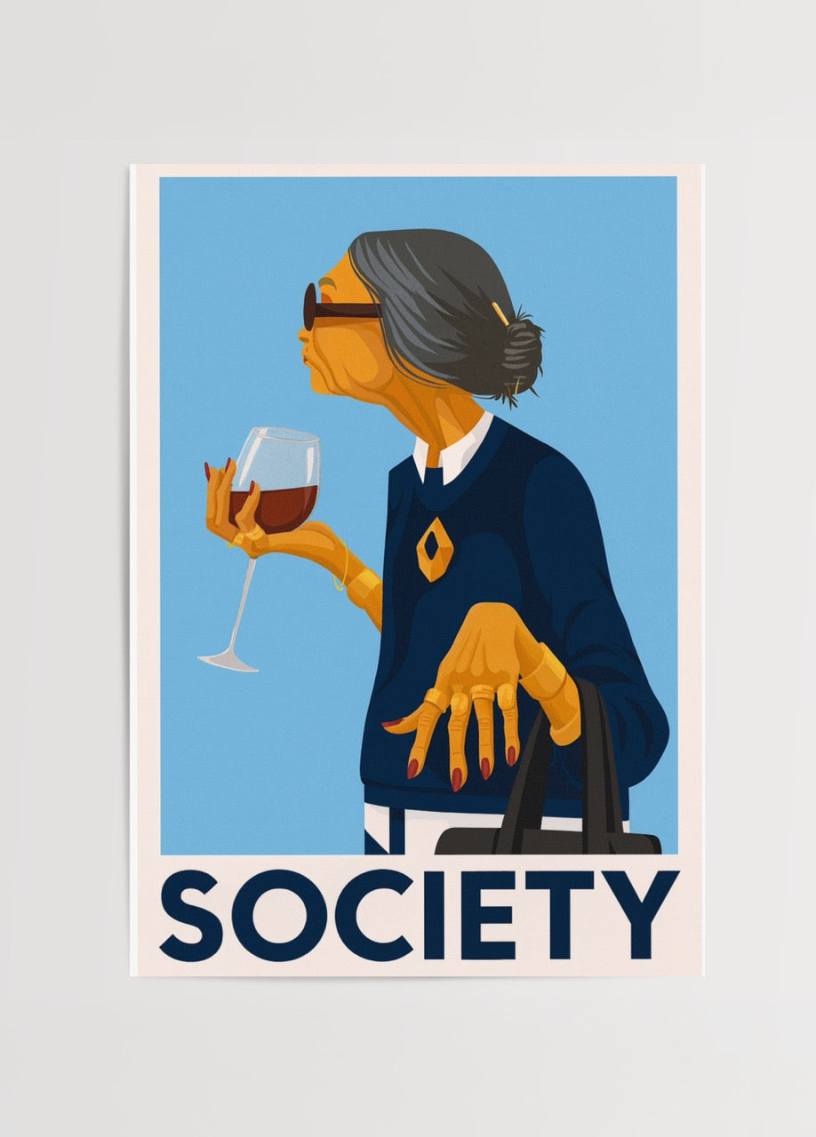 Elinde kırmızı şarap kadehi tutan şık kadın figürlü “Wine &amp; Wisdom” illüstrasyon posteri