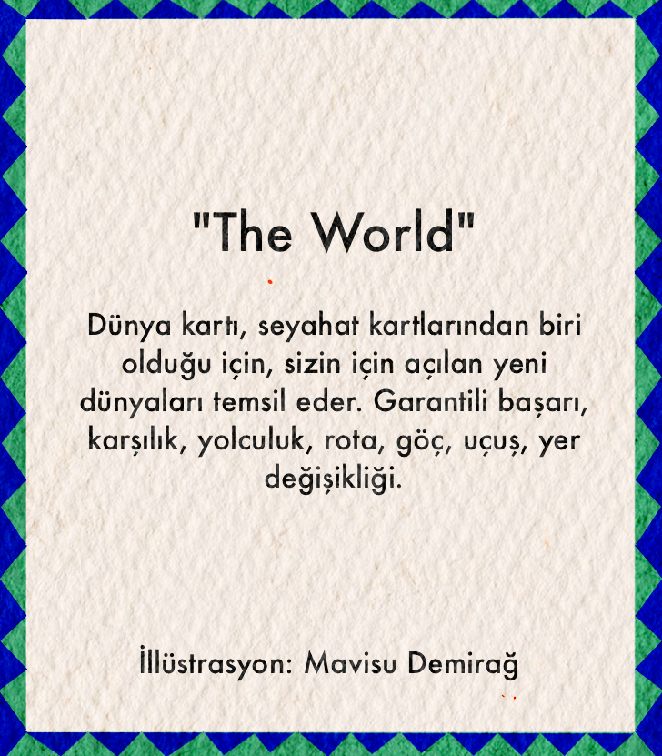 Mavisu Demirağ The World tarot posteri, tamamlanma ve yeni başlangıç temalı illüstrasyon.