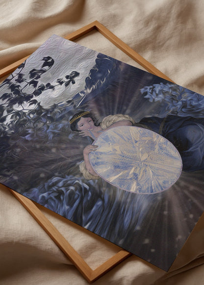 İrem Duran’ın “Yansıma” eserinde elinde parlak yüzey tutan kadın figürü ve mavi tonlarda kolaj atmosferi.