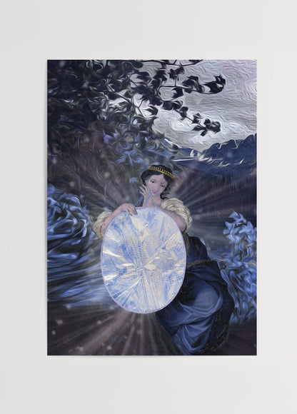 İrem Duran’ın “Yansıma” eserinde elinde parlak yüzey tutan kadın figürü ve mavi tonlarda kolaj atmosferi.