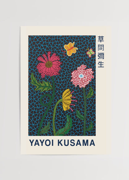 Yayoi Kusama stilinde siyah zemin üzerinde renkli çiçek ve kelebek desenli modern poster baskı