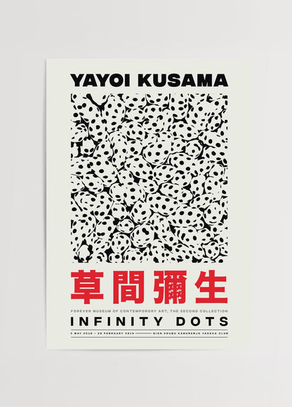 Siyah beyaz noktalardan oluşan modern desenli Yayoi Kusama stilinde sanat posteri