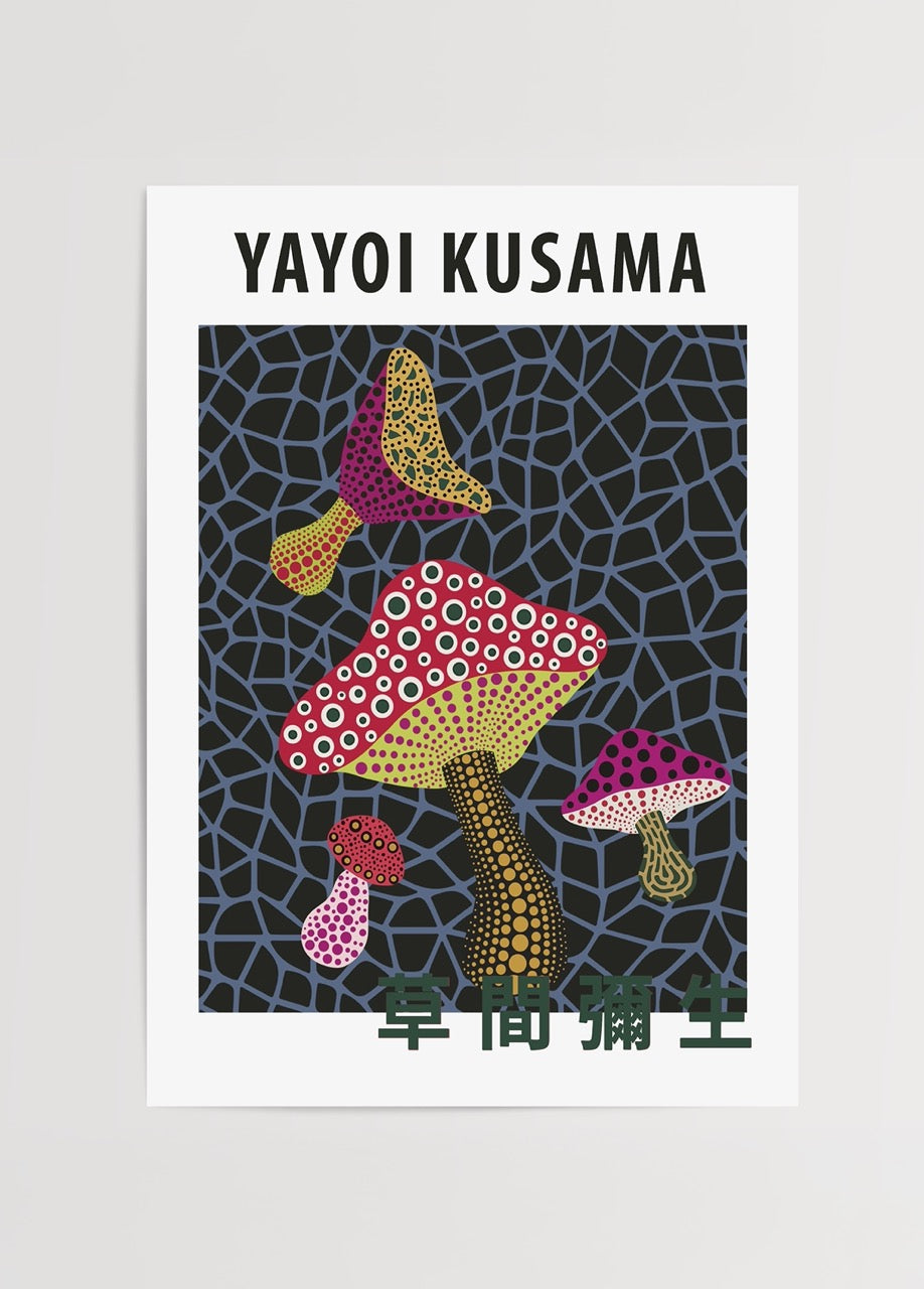 Yayoi Kusama’nın noktalı mantar illüstrasyonlarından oluşan çağdaş sanat posteri
