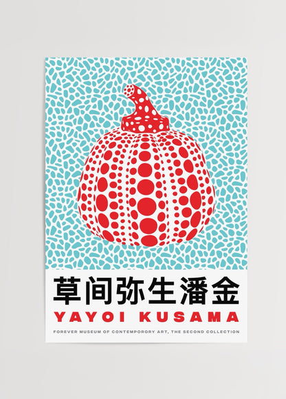 Yayoi Kusama’nın benekli balkabağı eserinden ilham alan turkuaz zeminli poster