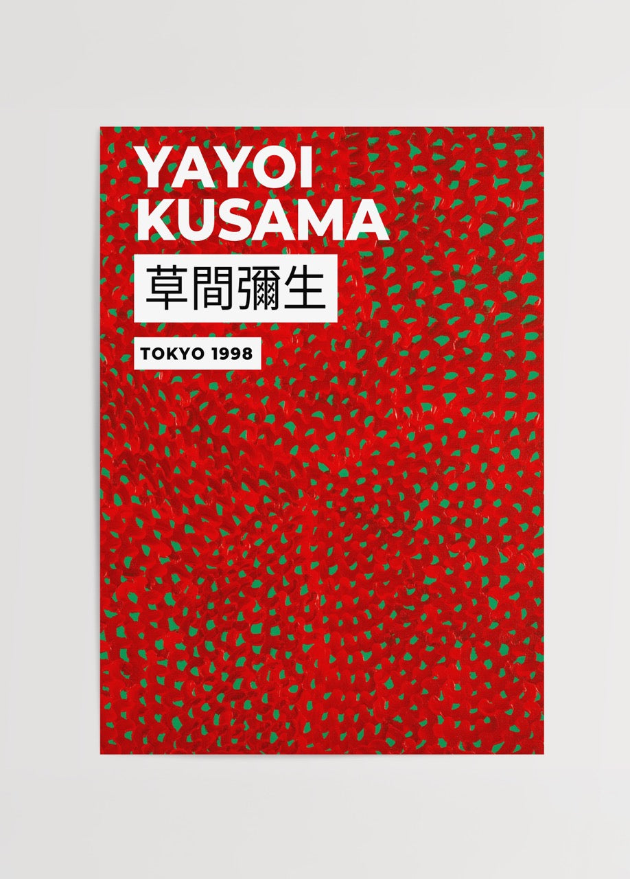 Yayoi Kusama stilinde kırmızı zemin üzerine tekrarlayan desenlerden oluşan modern sanat poster baskı.