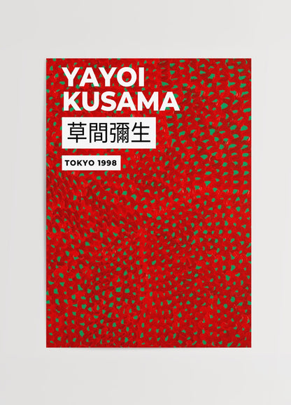 Yayoi Kusama stilinde kırmızı zemin üzerine tekrarlayan desenlerden oluşan modern sanat poster baskı.