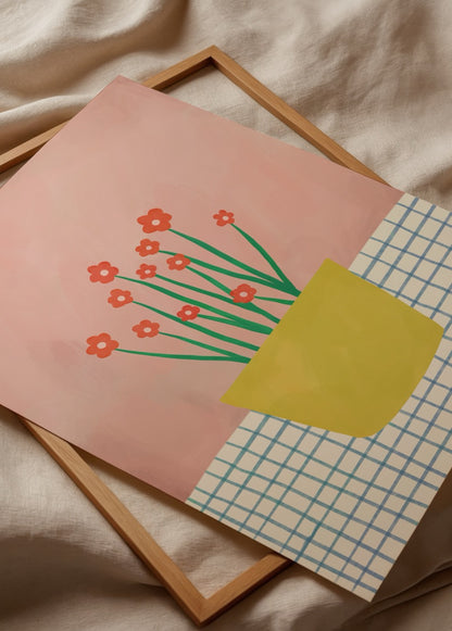 Sarı saksıda kırmızı çiçek illüstrasyonlu modern pastel floral poster baskı