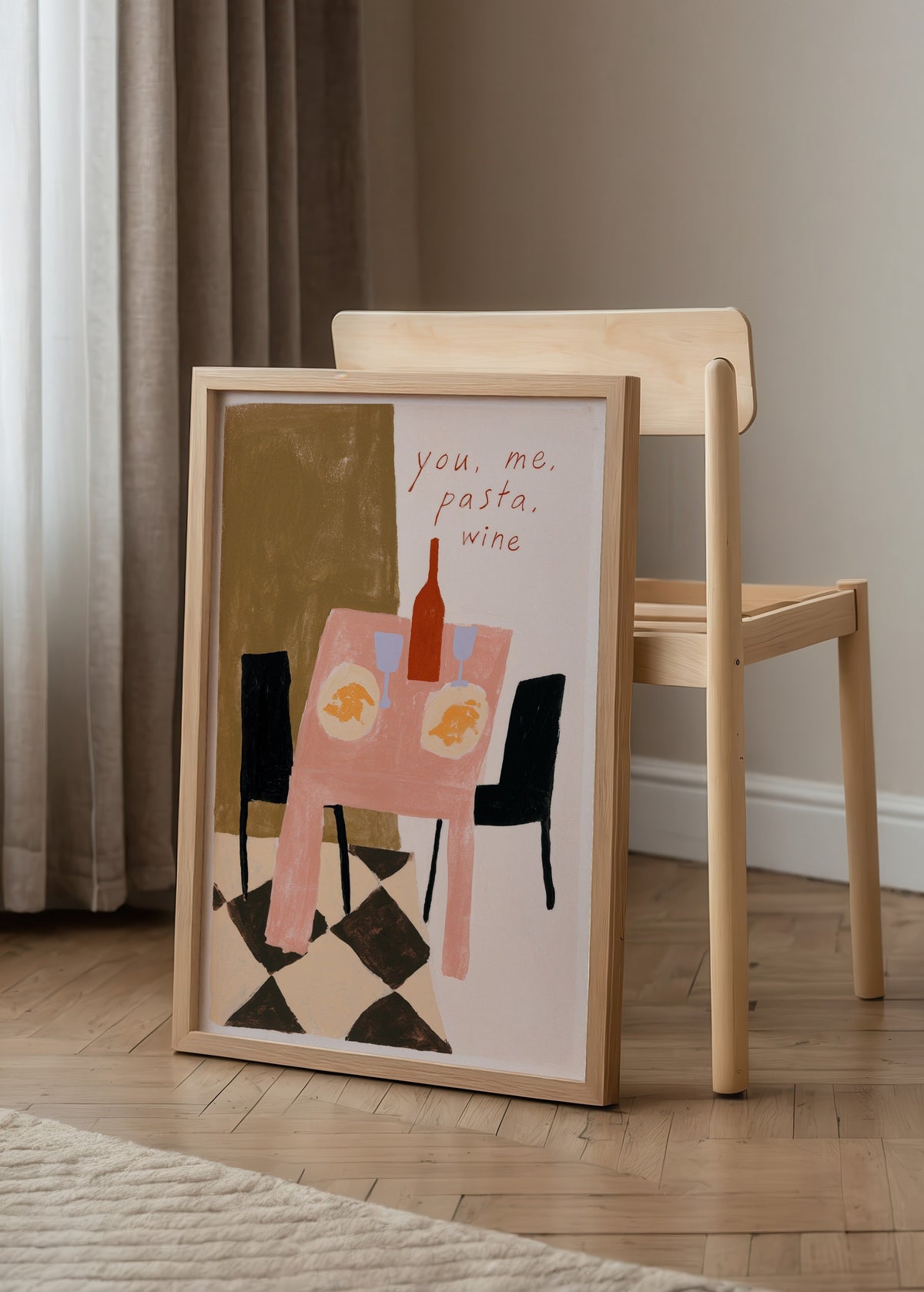 Léa Morel You, Me, Pasta, Wine Poster poster baskı mockup 3
