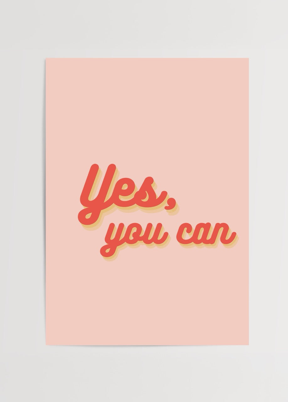 Yes You Can yazılı motivasyon tipografi posteri, pembe zemin üzerinde retro tarz