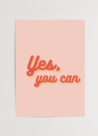 Yes You Can yazılı motivasyon tipografi posteri, pembe zemin üzerinde retro tarz