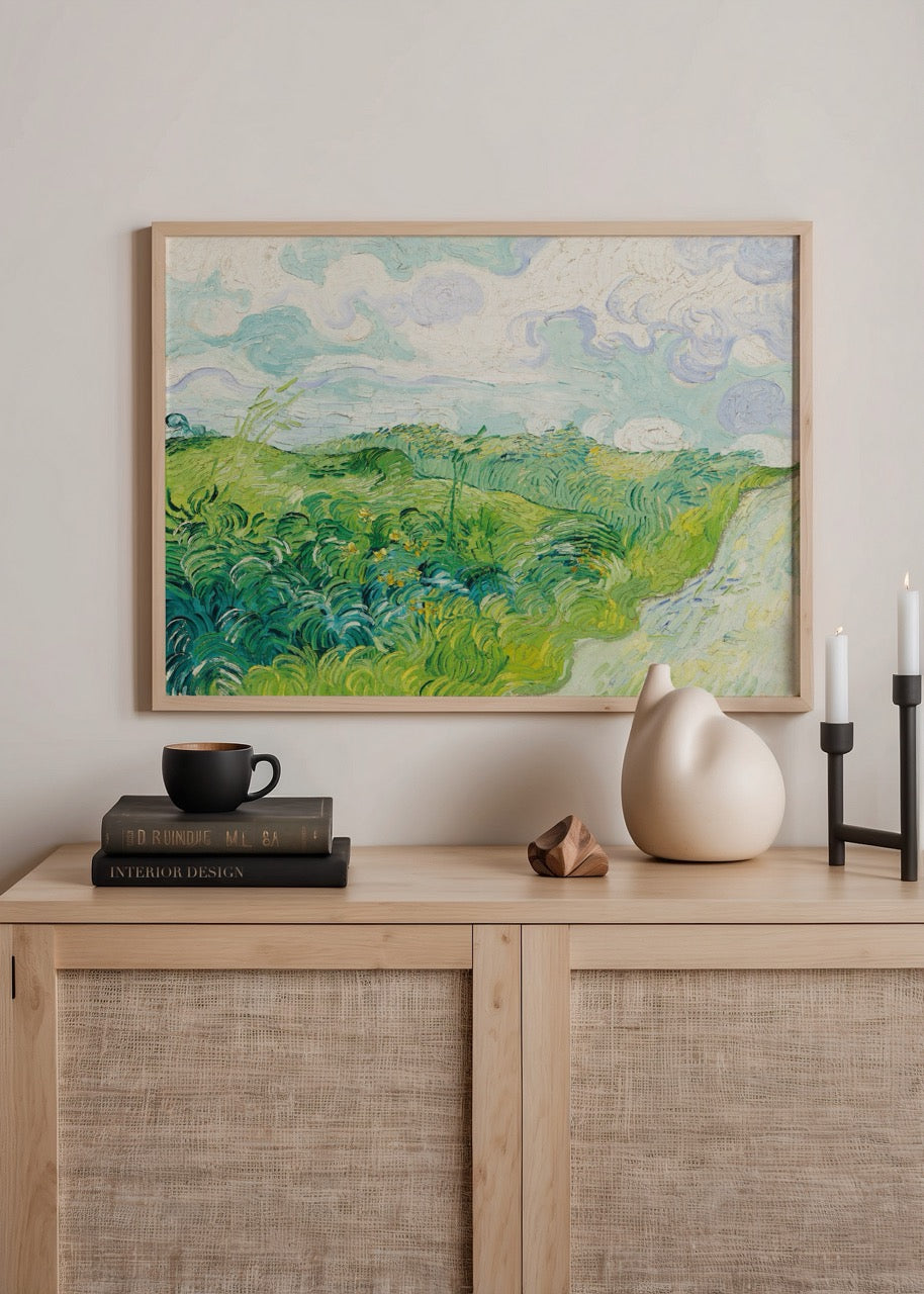 Vincent van Gogh’un yeşil buğday tarlalarını tasvir ettiği pastoral manzara poster baskısı