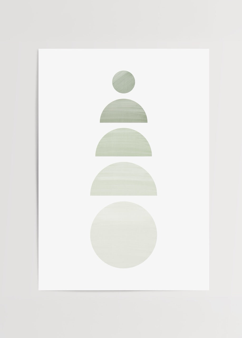 Minimalist yeşil tonlarda geometrik daire ve yarım dairelerden oluşan poster baskı