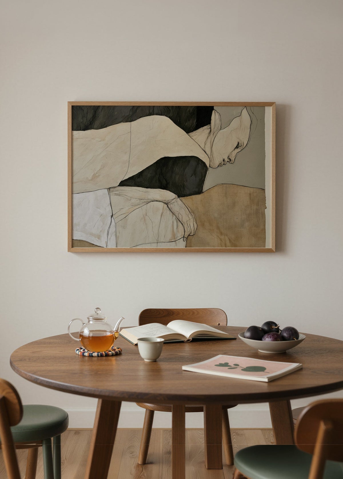 Yield nötr tonlarda yakın plan insan figürü kompozisyonuna sahip çağdaş figüratif sanat posteri