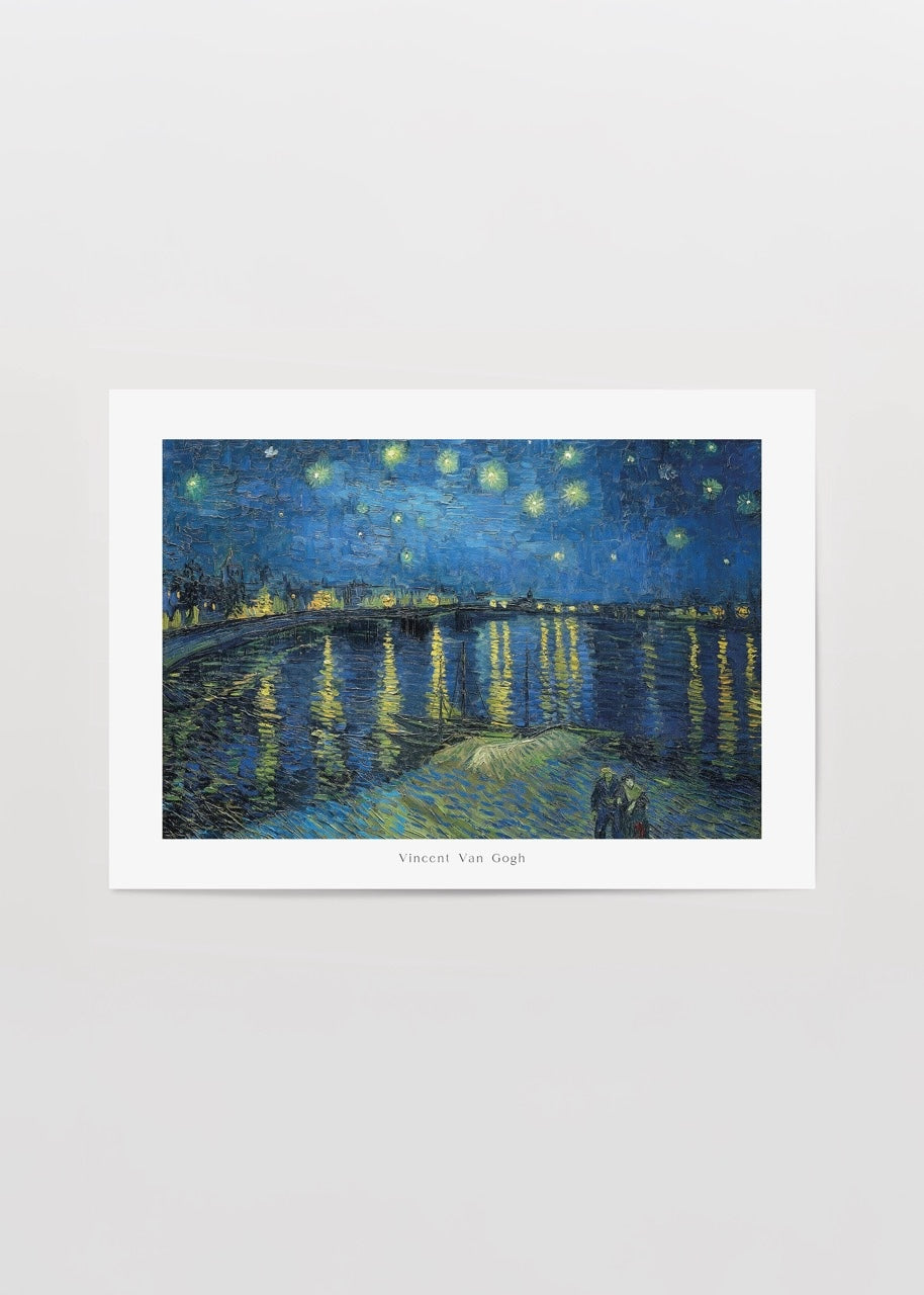 Vincent van Gogh’un Yıldızlı Gece Üzerine Rhône eserinden ilhamla tasarlanmış mavi tonlarında poster baskı.