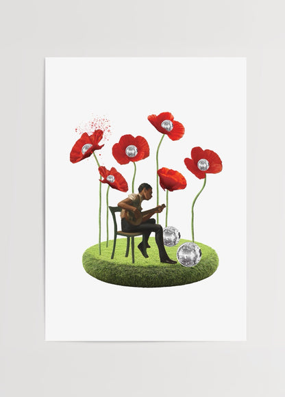 Zehra Bezirci’nin “Kid” adlı, kırmızı gelincikler ve gitar çalan figürle tasarlanmış modern kolaj posteri.